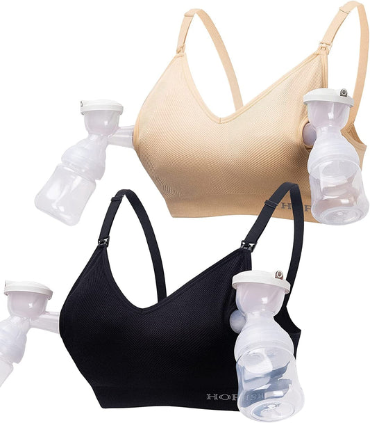 Women'S Seamless Hands Free Pumping Bra Maternity Nursing & Everyday Bras Fits Lansinoh, Philips Avent, Spectra,Etc. Carbon Black+nude / Large
