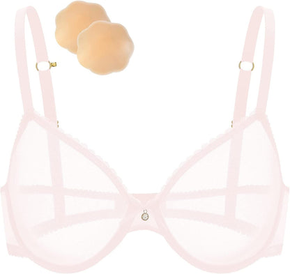 Women'S See through Sexy Sheer Bra Unlined Underwire Support Everyday Bra with Silicone Nipple