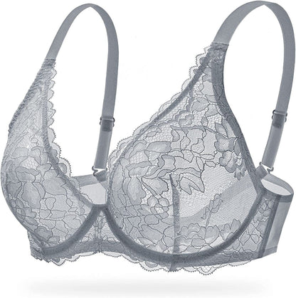 Women'S Sexy Bra Sheer Lace Bra Plunge Unlined Full Coverage See through Underwire Bra