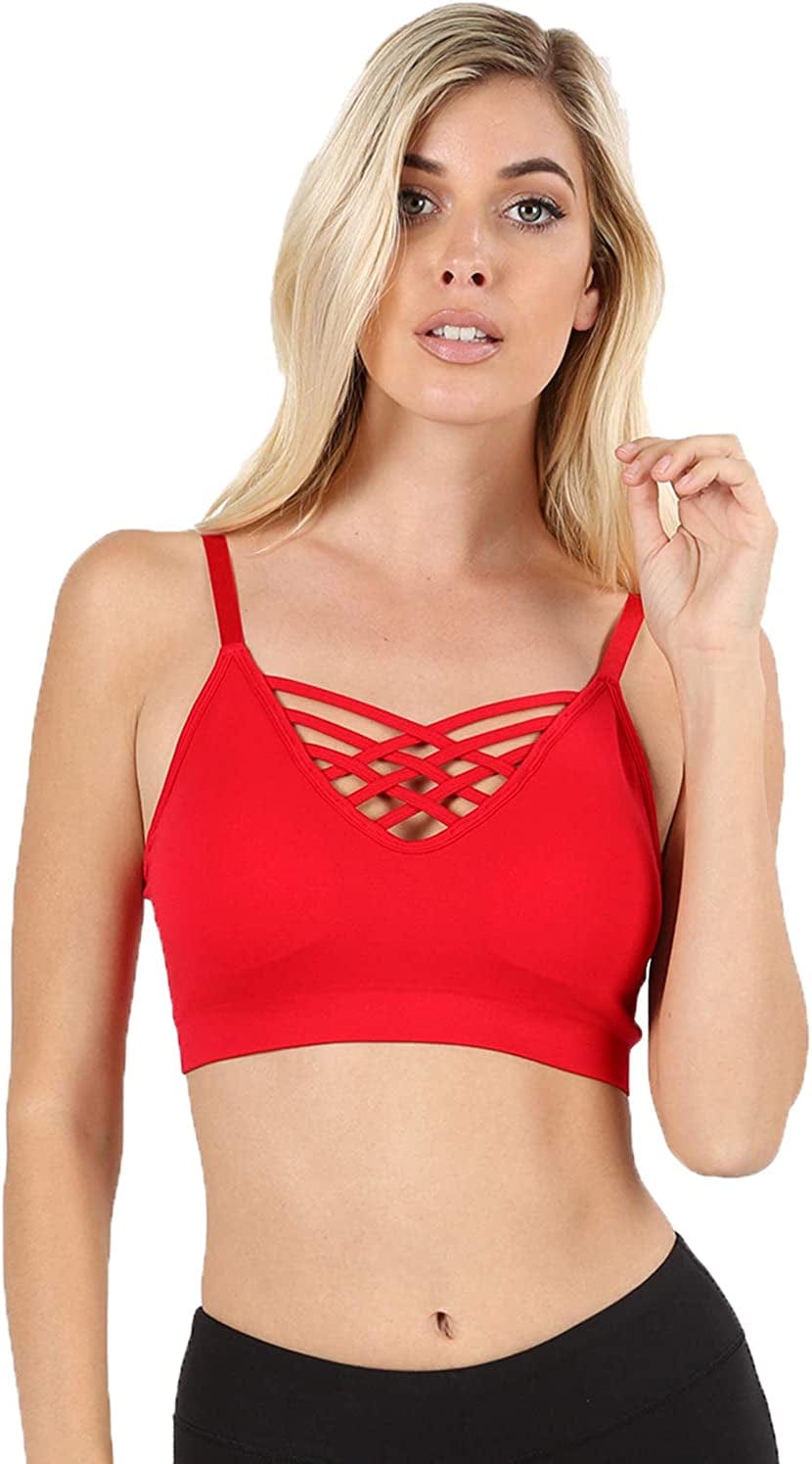 Women'S Sexy Cross Strappy Wirefree Sports Bra Bralette Ruby / Large-X-Large