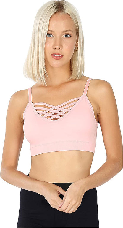 Women'S Sexy Cross Strappy Wirefree Sports Bra Bralette Dusty Pink / Large-X-Large