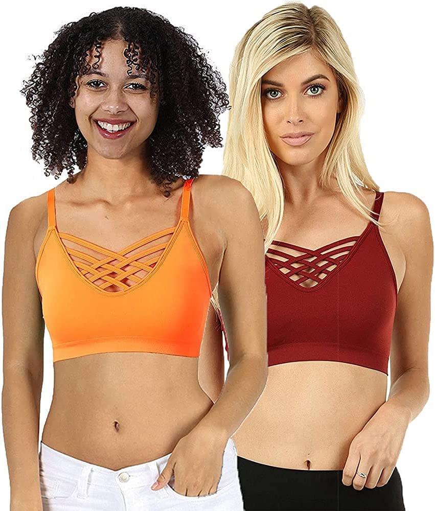 Women'S Sexy Cross Strappy Wirefree Sports Bra Bralette with Removable Pads 2pk Neonorange Darkrust / 2X-3X