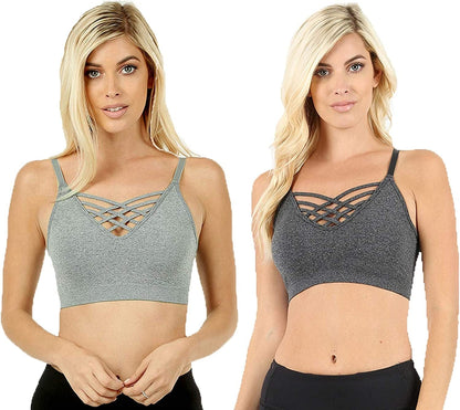 Women'S Sexy Cross Strappy Wirefree Sports Bra Bralette with Removable Pads 2pk Heathergrey Charcoal / Large-X-Large