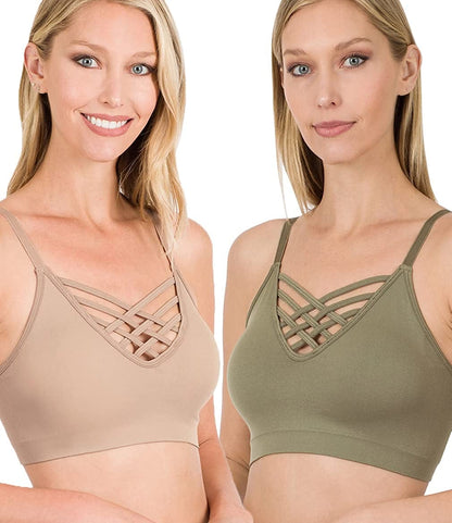 Women'S Sexy Cross Strappy Wirefree Sports Bra Bralette with Removable Pads 2pk Ashmocha Olive / Large-X-Large