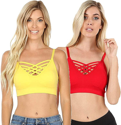 Women'S Sexy Cross Strappy Wirefree Sports Bra Bralette with Removable Pads 2pk Yellow Ruby / Small-Medium