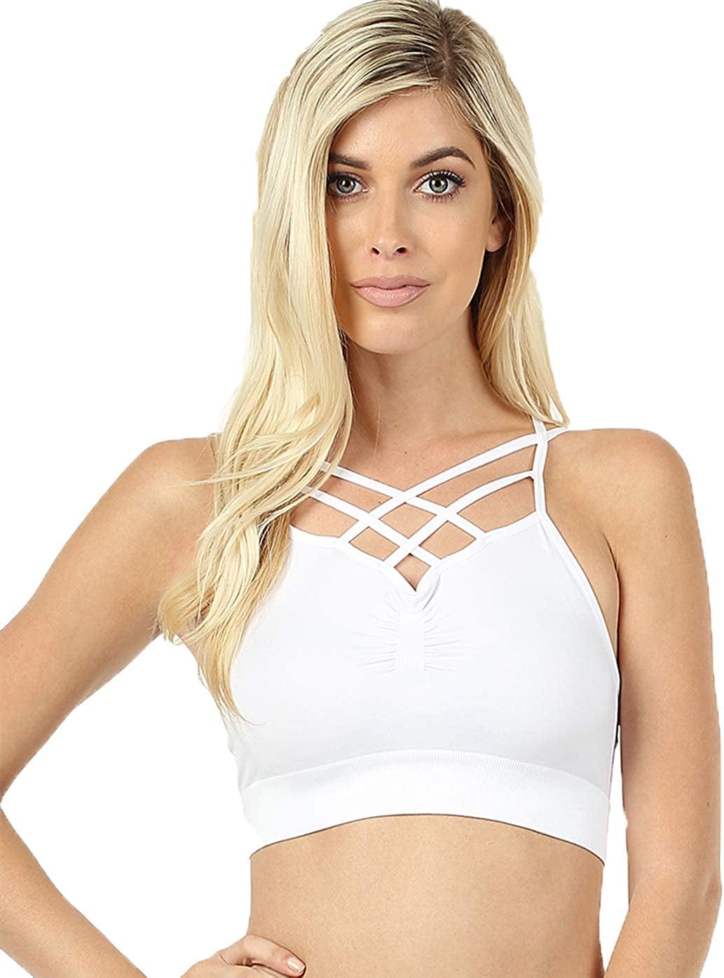 Women'S Sexy Cross Strappy Wirefree Sports Bra Bralette with Removable Pads V Back White / Large-X-Large