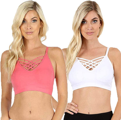 Women'S Sexy Cross Strappy Wirefree Sports Bra Bralette with Removable Pads 2pk Rose White / 1X-2X