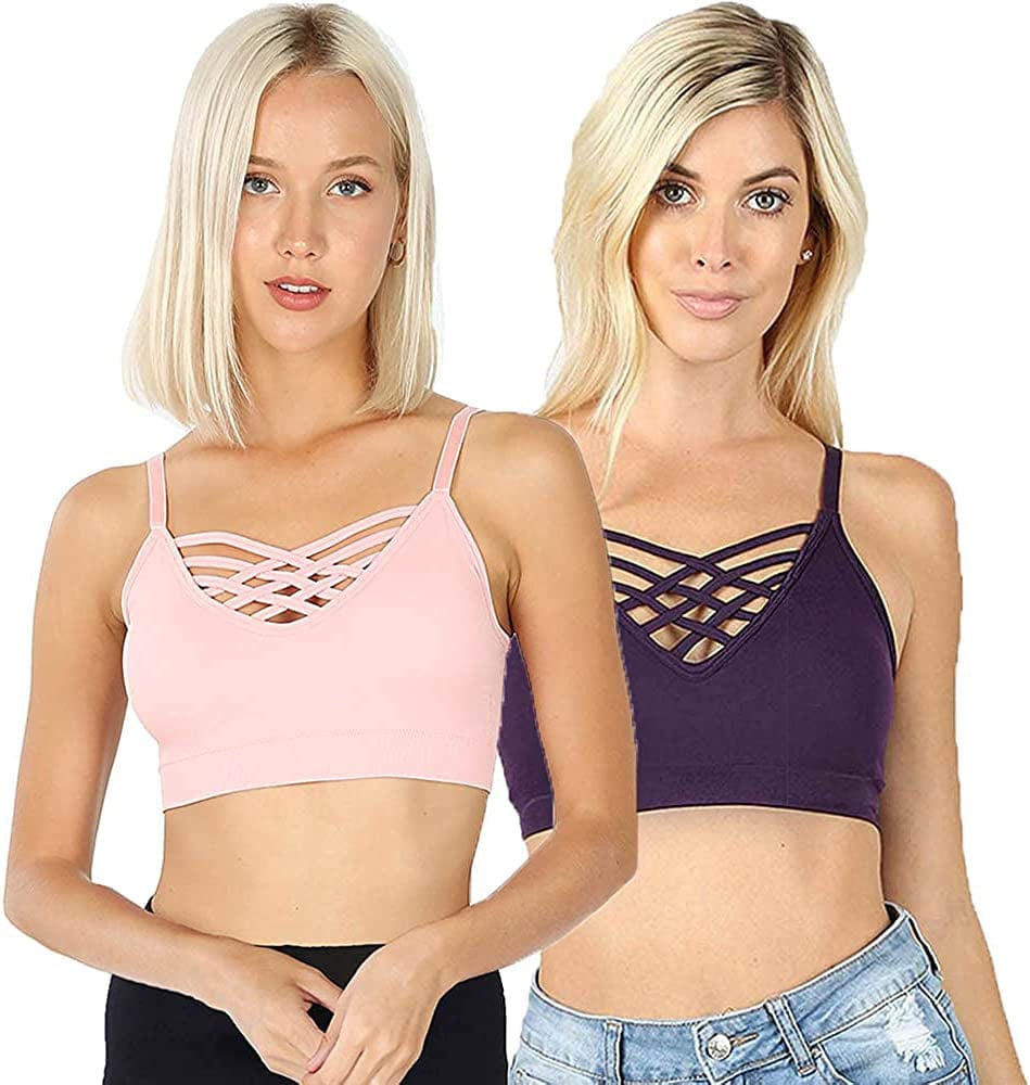 Women'S Sexy Cross Strappy Wirefree Sports Bra Bralette with Removable Pads 2pk Darkpurple Dustypink / 2X-3X