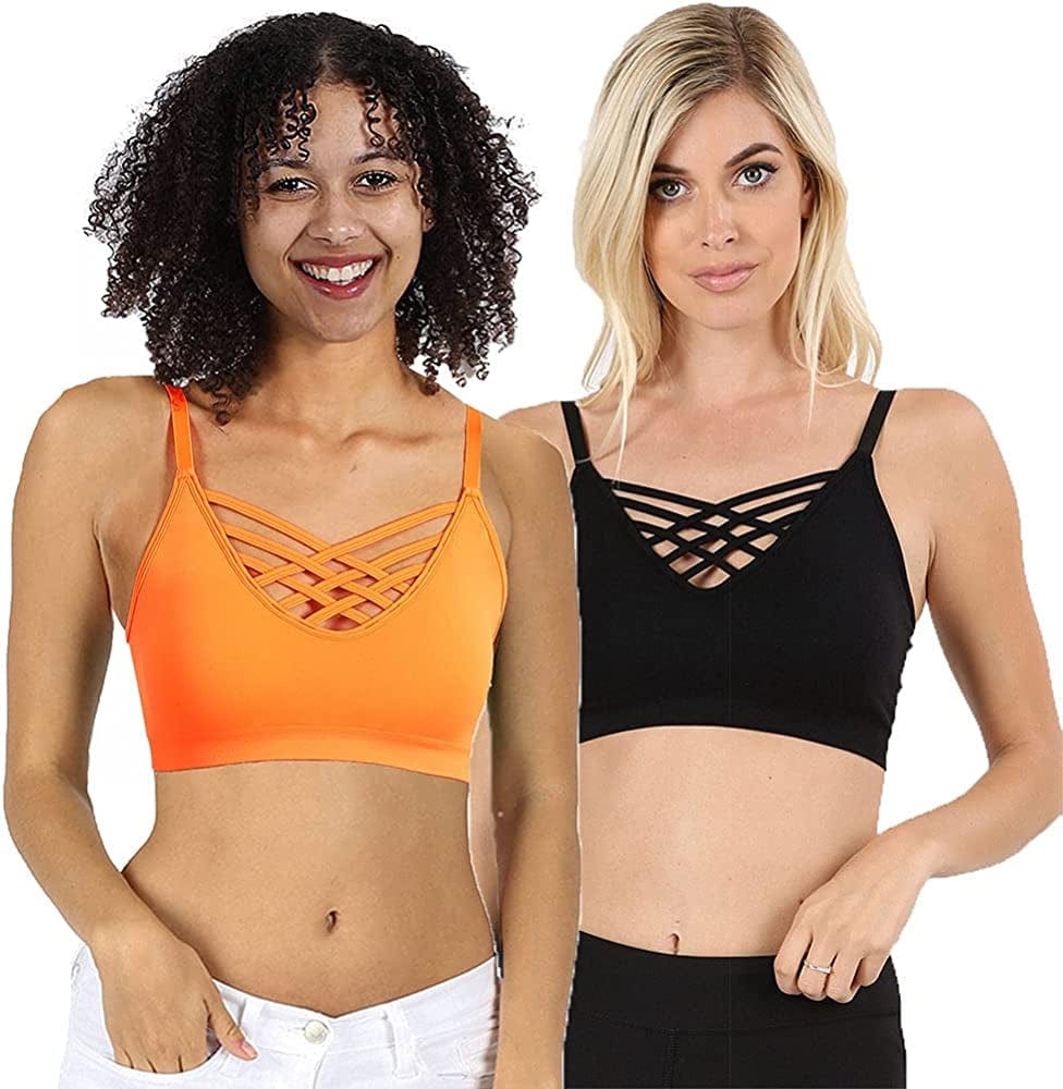 Women'S Sexy Cross Strappy Wirefree Sports Bra Bralette with Removable Pads 2pk Neonorange Black / 2X-3X