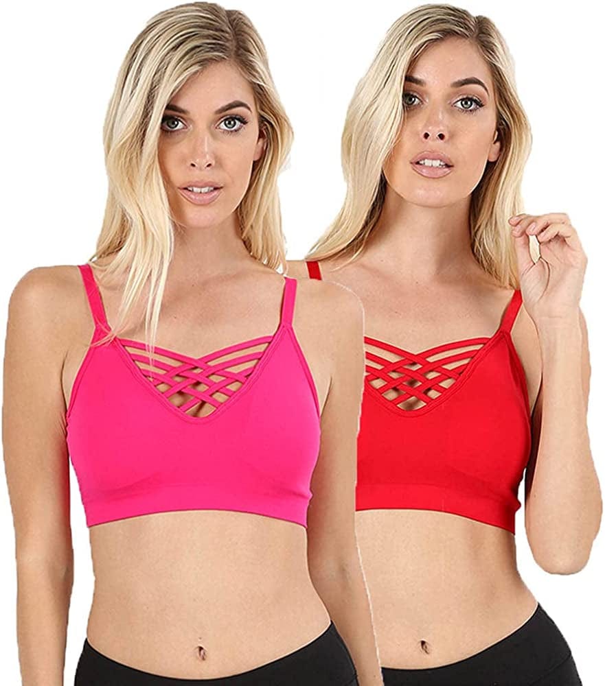 Women'S Sexy Cross Strappy Wirefree Sports Bra Bralette with Removable Pads 2pk Hotpink Ruby / Small-Medium