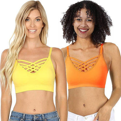 Women'S Sexy Cross Strappy Wirefree Sports Bra Bralette with Removable Pads 2pk Yellow Neonorange / 1X-2X