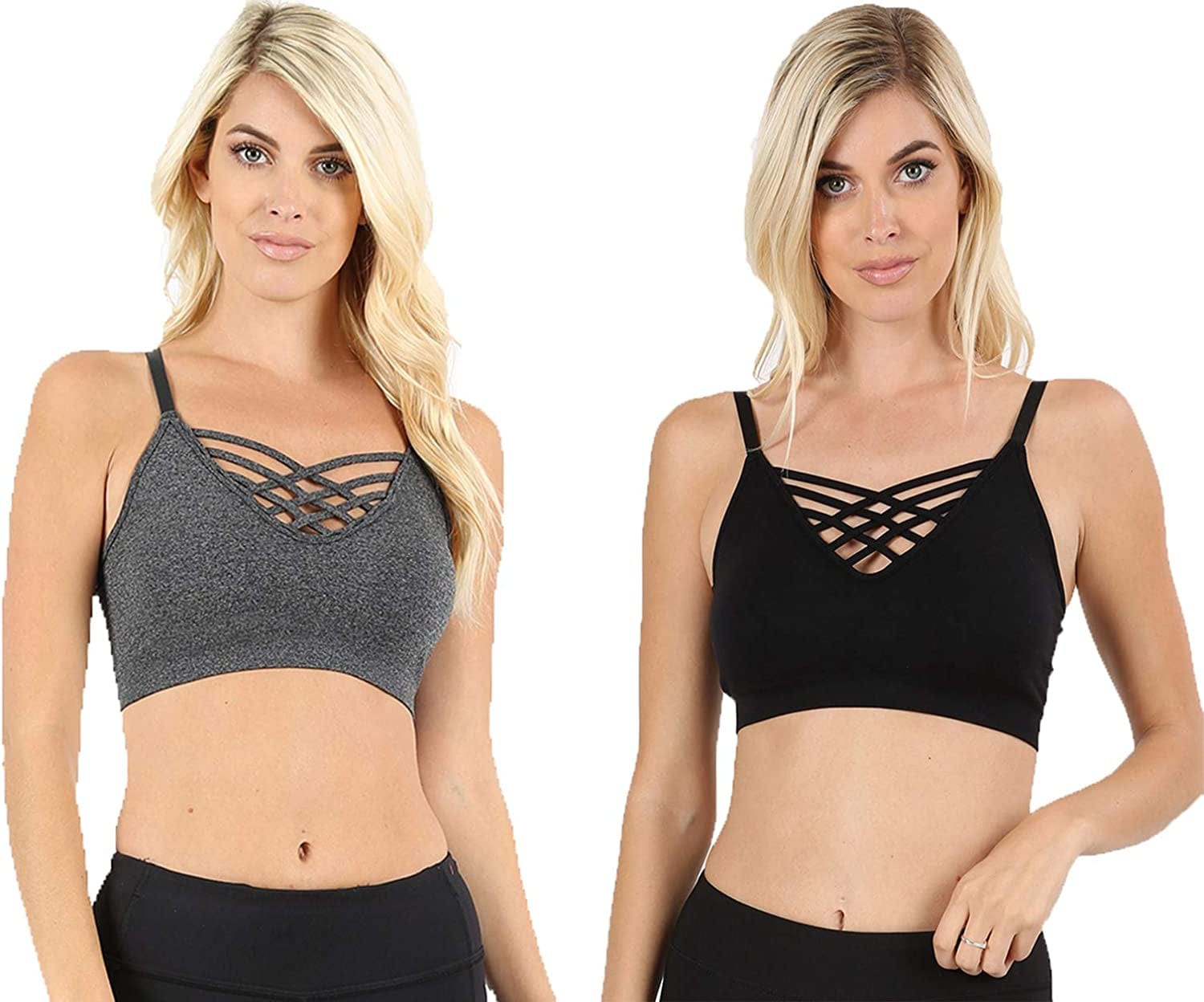 Women'S Sexy Cross Strappy Wirefree Sports Bra Bralette with Removable Pads 2pk Black Charcoal / Large-X-Large