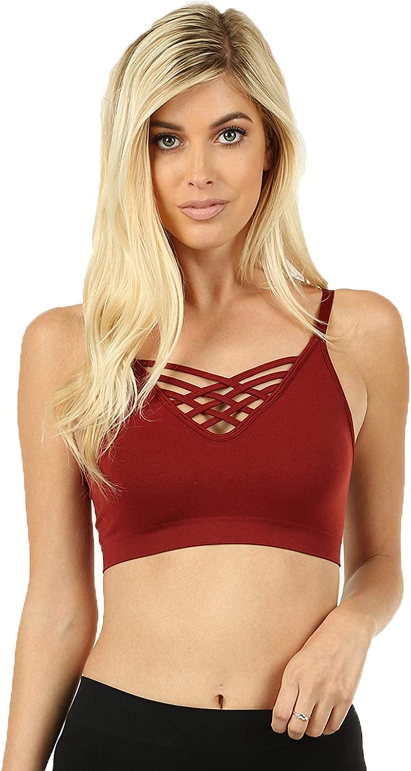 Women'S Sexy Cross Strappy Wirefree Sports Bra Bralette with Removable Pads Dark Rust / Large-X-Large