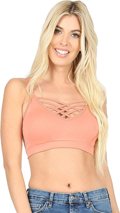 Women'S Sexy Cross Strappy Wirefree Sports Bra Bralette with Removable Pads Ash Rose / Large-X-Large