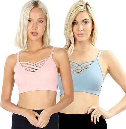 Women'S Sexy Cross Strappy Wirefree Sports Bra Bralette with Removable Pads 2pk Dustypink Ashblue / 1X-2X