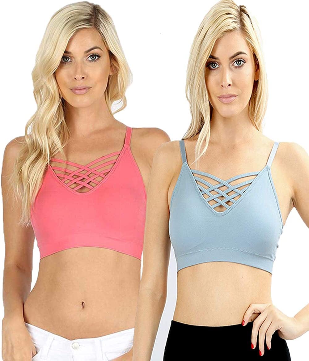 Women'S Sexy Cross Strappy Wirefree Sports Bra Bralette with Removable Pads 2pk Rose Ashblue / 1X-2X