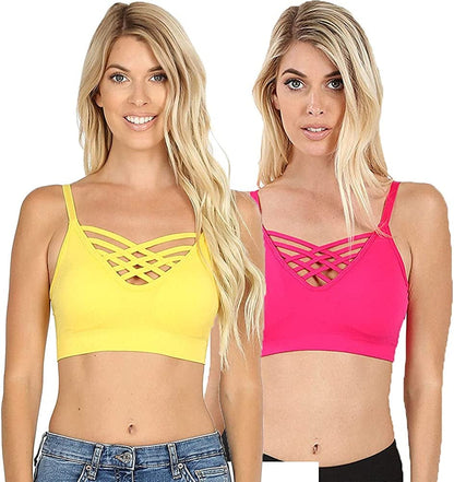 Women'S Sexy Cross Strappy Wirefree Sports Bra Bralette with Removable Pads 2pk Hotpink Yellow / Small-Medium