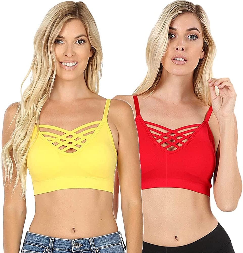Women'S Sexy Cross Strappy Wirefree Sports Bra Bralette with Removable Pads 2pk Yellow Ruby / Large-X-Large