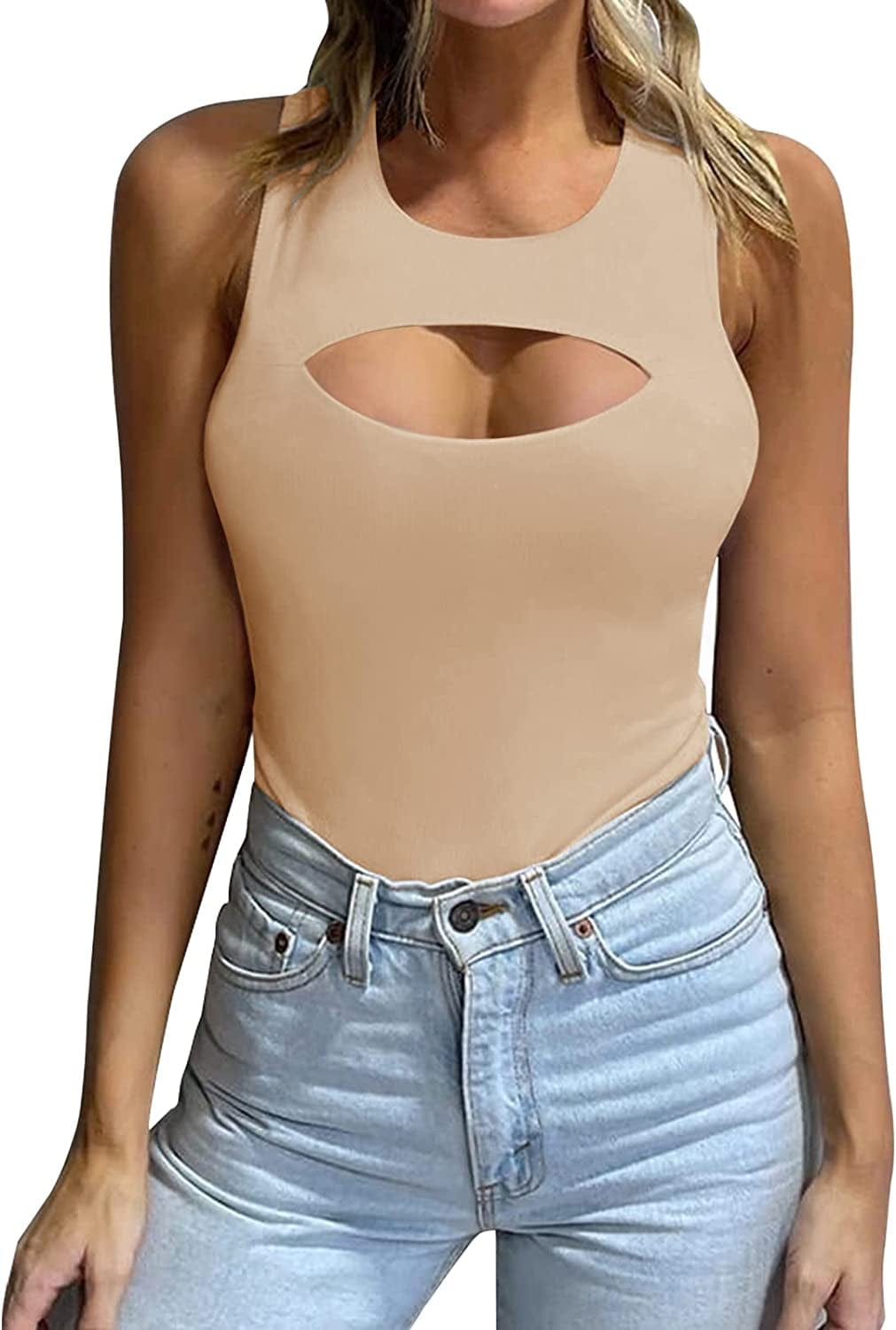 Women'S Sexy Cutout Front Sleeveless Halter Neck Tank Top Thong Bodysuit Nude / Large