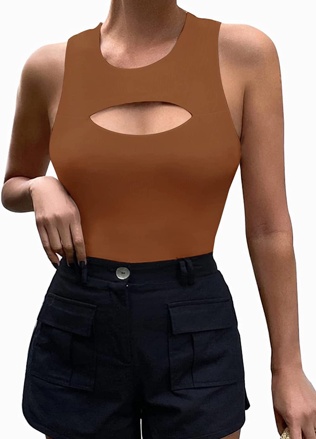 Women'S Sexy Cutout Front Sleeveless Halter Neck Tank Top Thong Bodysuit