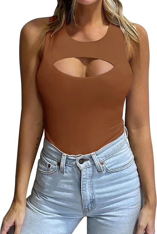 Women'S Sexy Cutout Front Sleeveless Halter Neck Tank Top Thong Bodysuit Brown / Medium