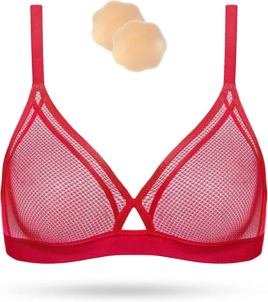 Women'S Sexy Lace Bra Sheer Mesh See through Bralette Unlined Wireless Plunge Triangle Transparent Bras Lava Red / 34C