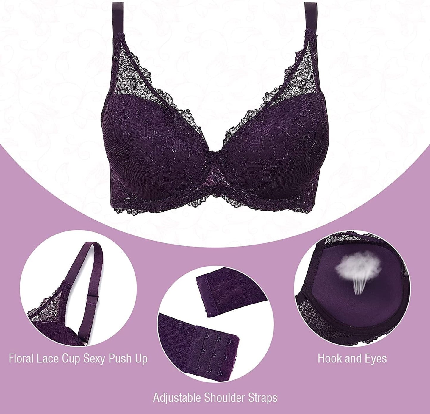 Women'S Sexy Lace Push up Bra with Padded Add One Cup Underwire Balconette Bra plus Size Low Cut Bra