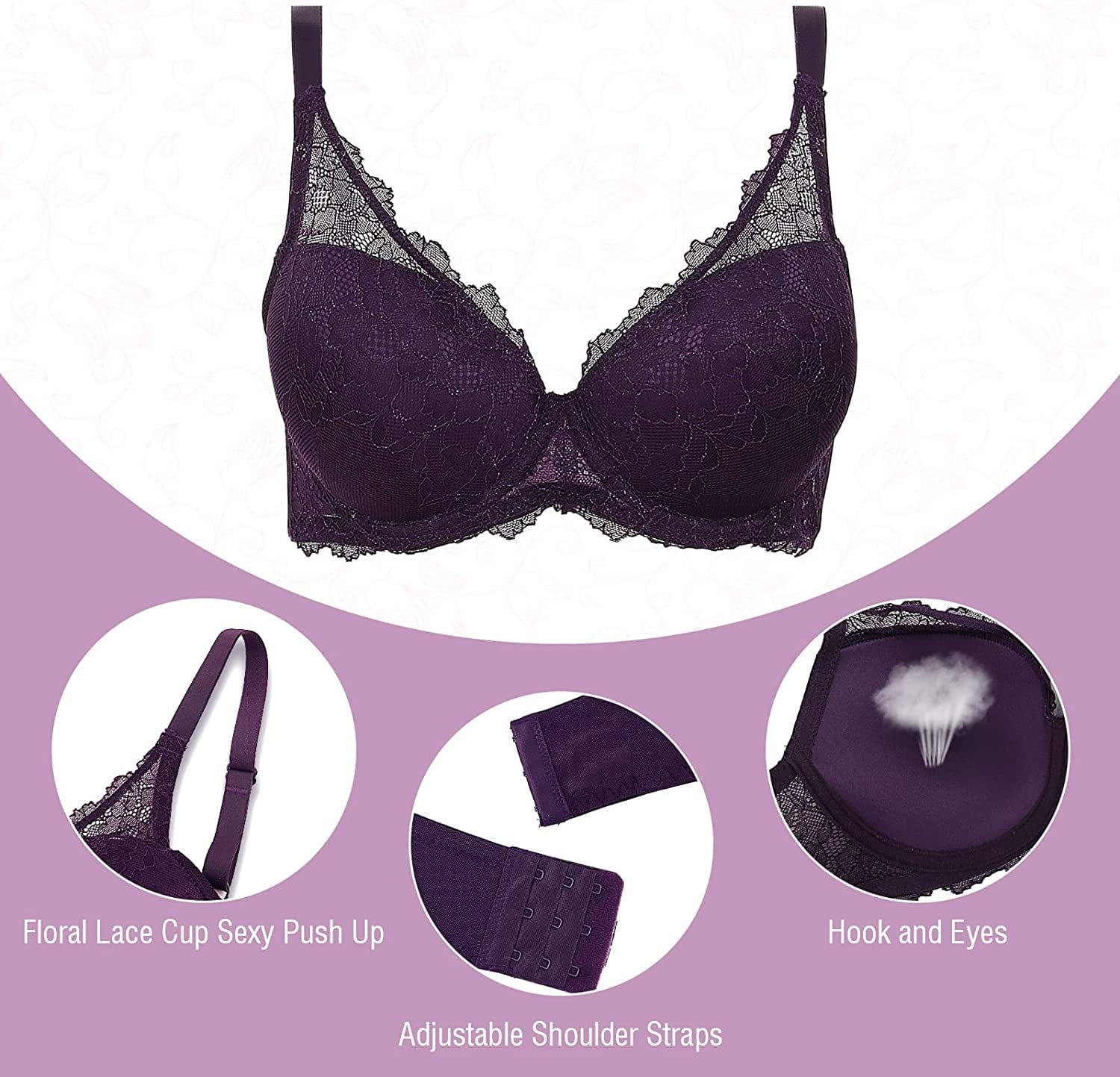 Women'S Sexy Lace Push up Bra with Padded Add One Cup Underwire Balconette Bra plus Size Low Cut Bra