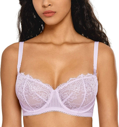 Women'S Sexy Lace Push up plus Size Bra Sheer Balconette Underwire Unlined
