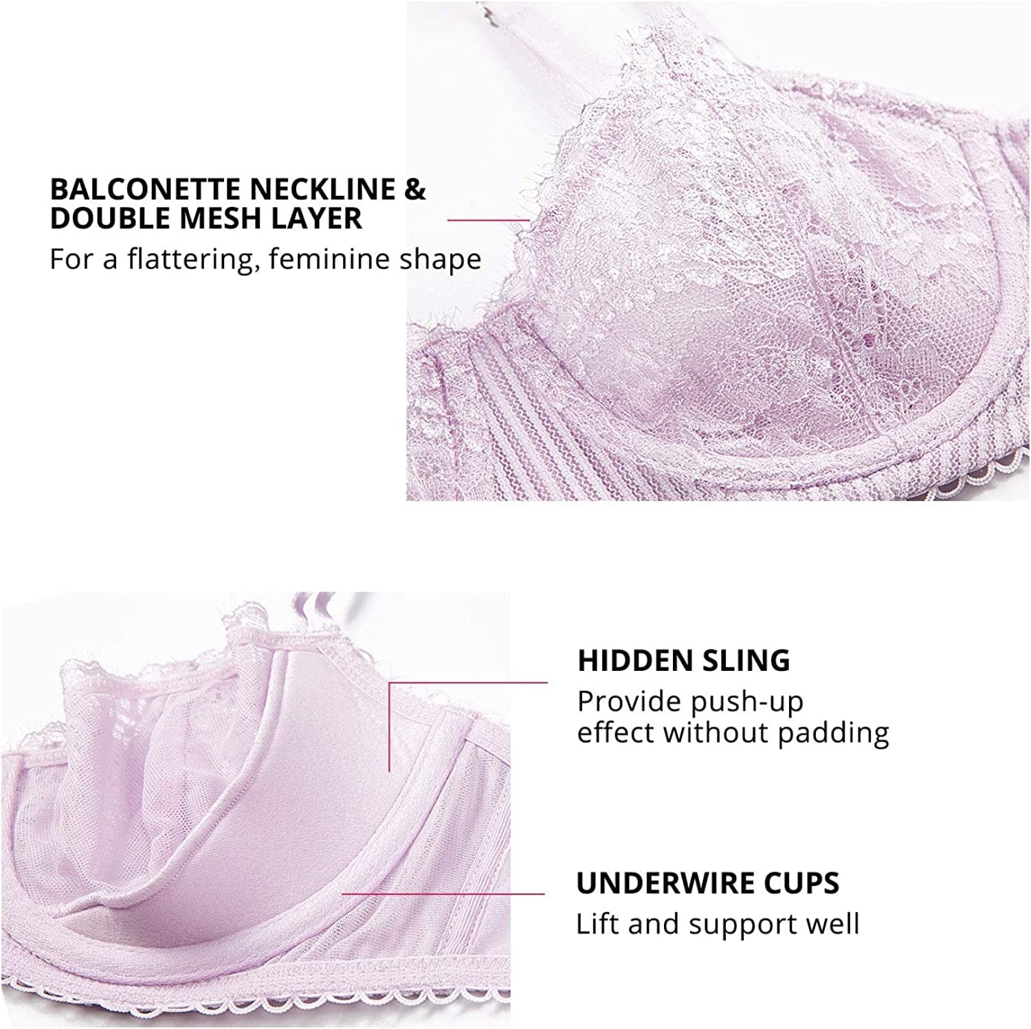 Women'S Sexy Lace Push up plus Size Bra Sheer Balconette Underwire Unlined