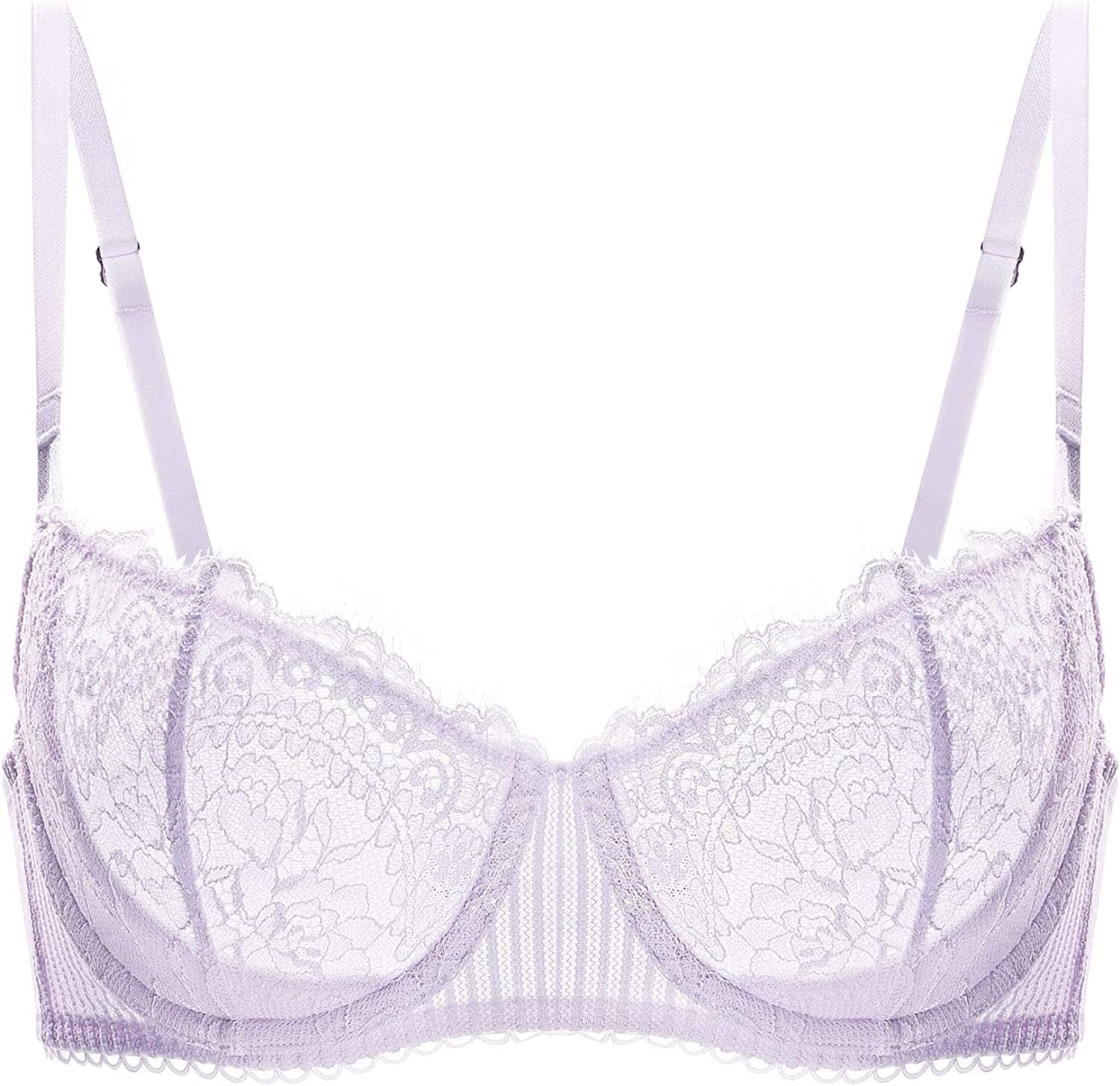 Women'S Sexy Lace Push up plus Size Bra Sheer Balconette Underwire Unlined Lilac_eyelash Lace / 34DD