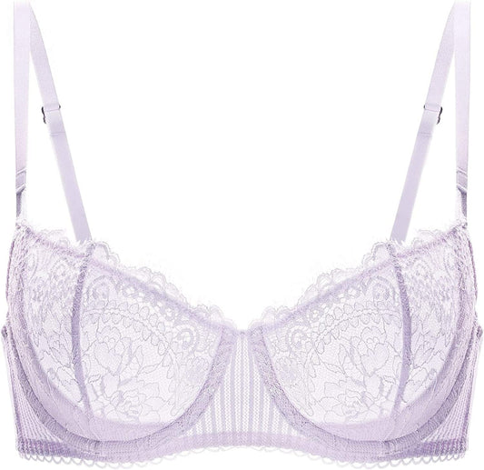 Women'S Sexy Lace Push up plus Size Bra Sheer Balconette Underwire Unlined Lilac_eyelash Lace / 34DD