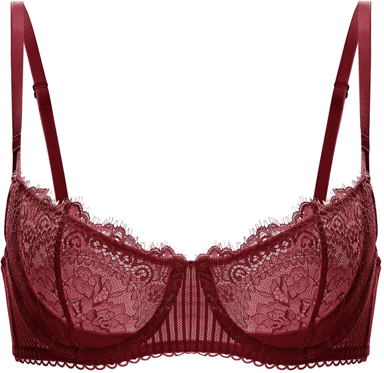 Women'S Sexy Lace Push up plus Size Bra Sheer Balconette Underwire Unlined Dark Red / 36B