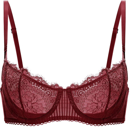 Women'S Sexy Lace Push up plus Size Bra Sheer Balconette Underwire Unlined Dark Red / 36B
