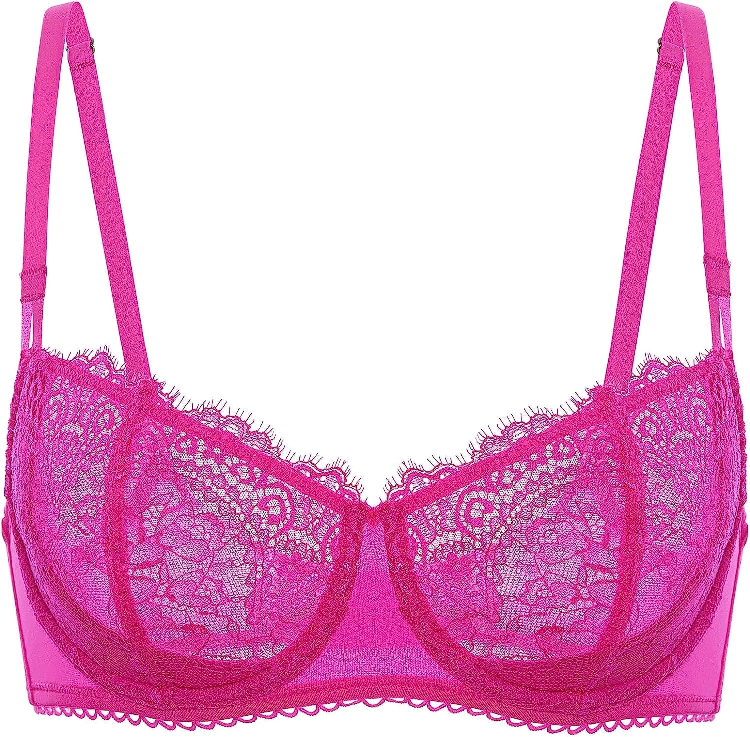 Women'S Sexy Lace Push up plus Size Bra Sheer Balconette Underwire Unlined Bright Fuchsia / 42F