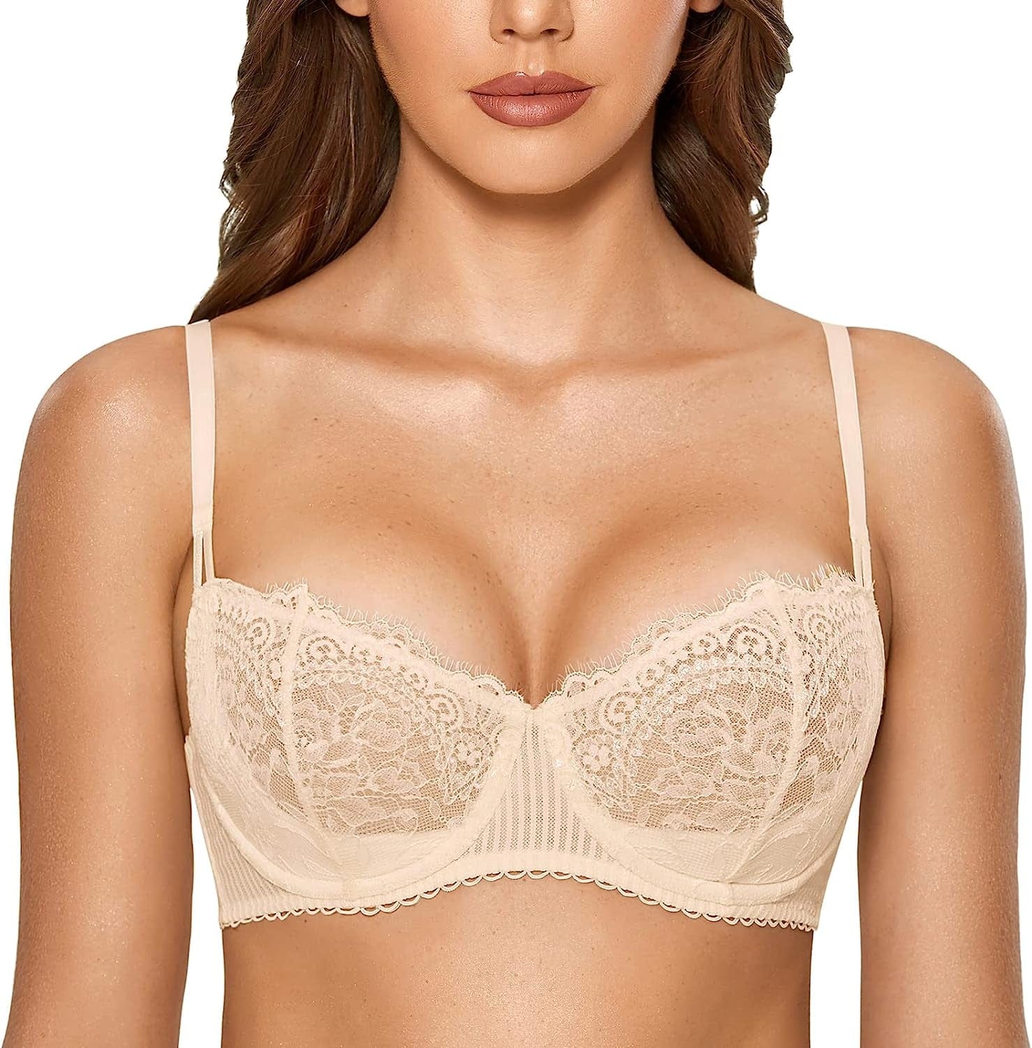 Women'S Sexy Lace Push up plus Size Bra Sheer Balconette Underwire Unlined Beige / 32A