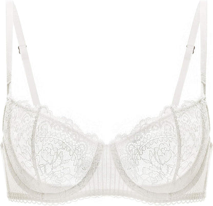 Women'S Sexy Lace Push up plus Size Bra Sheer Balconette Underwire Unlined Ivory_eyelash Lace / 36F