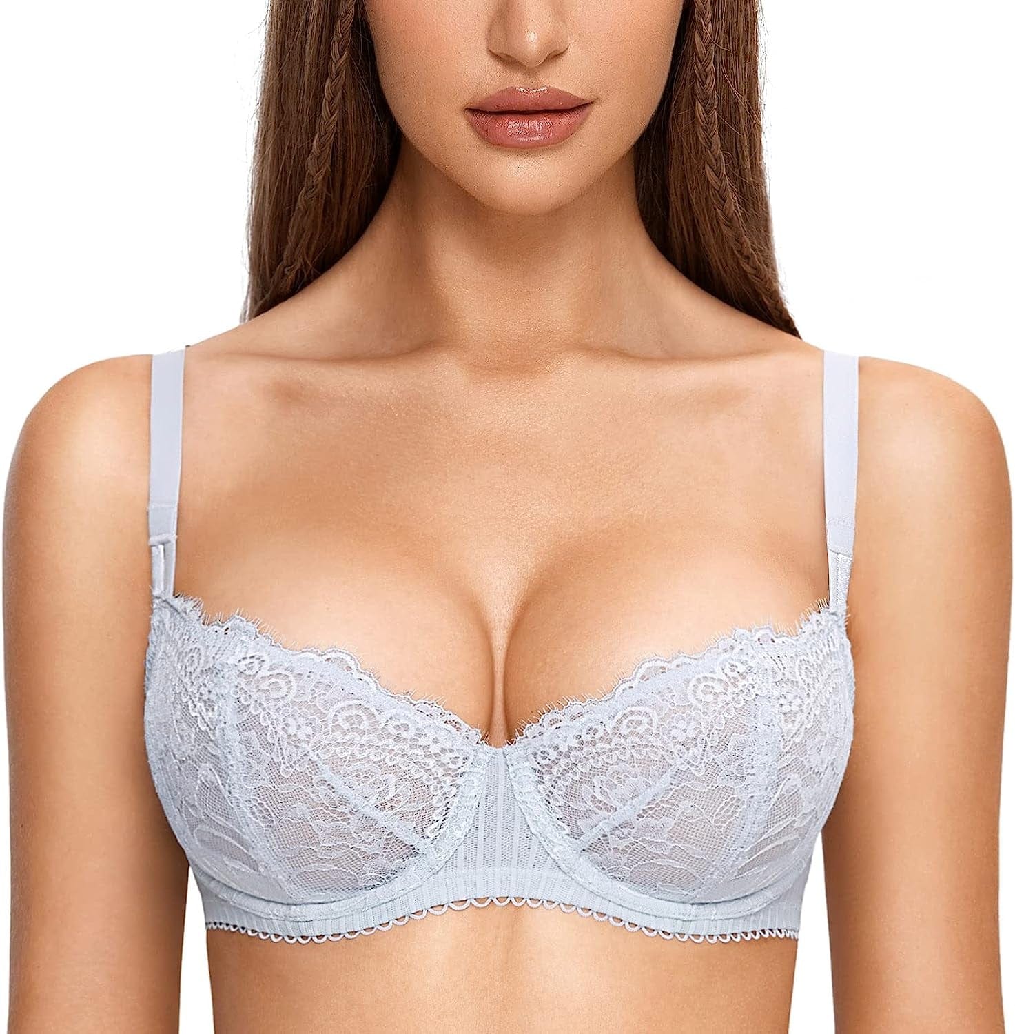 Women'S Sexy Lace Push up plus Size Bra Sheer Balconette Underwire Unlined Opal Gray / 40DD
