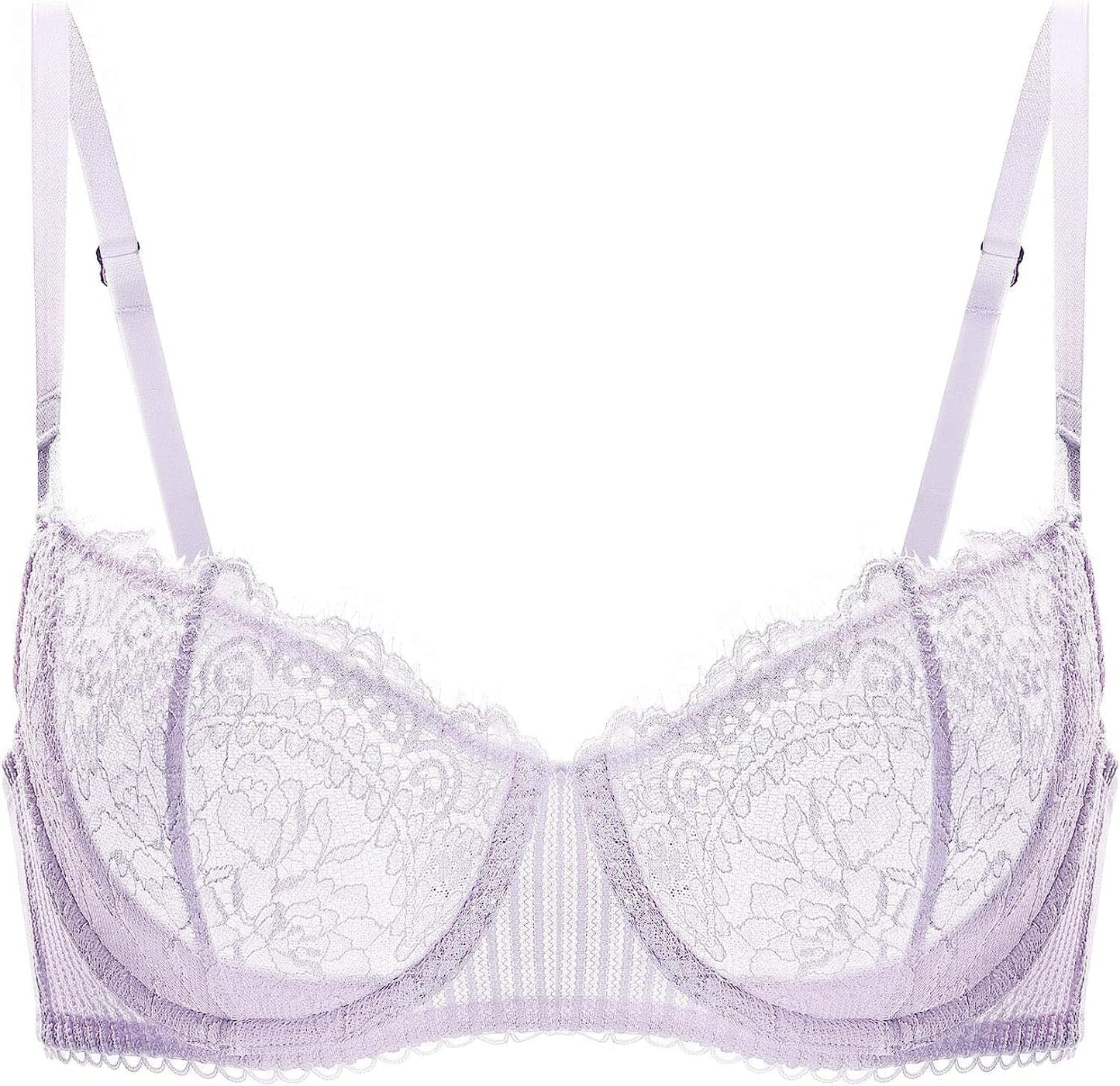 Women'S Sexy Lace Push up plus Size Bra Sheer Balconette Underwire Unlined Lilac_eyelash Lace / 32E