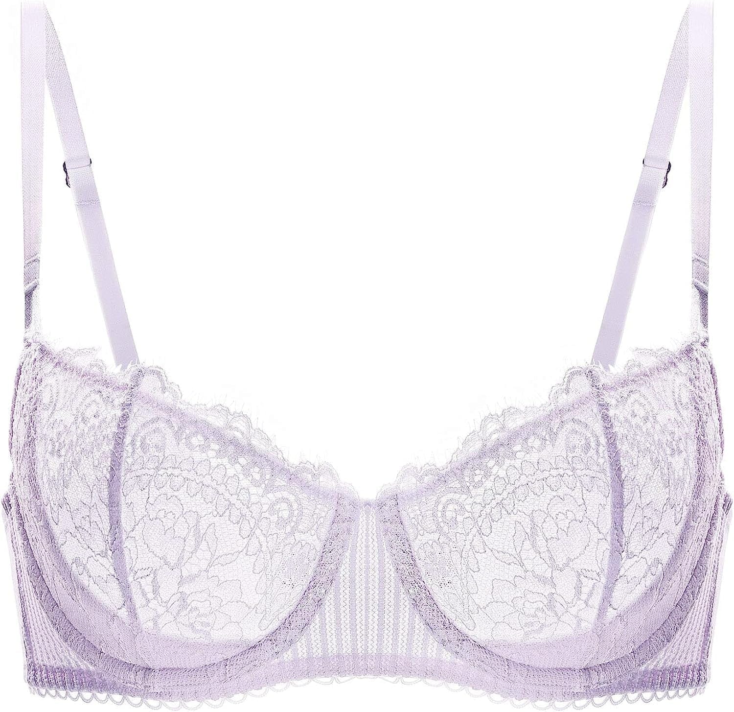 Women'S Sexy Lace Push up plus Size Bra Sheer Balconette Underwire Unlined Lilac_eyelash Lace / 32E