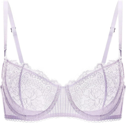 Women'S Sexy Lace Push up plus Size Bra Sheer Balconette Underwire Unlined Lilac_eyelash Lace / 32E