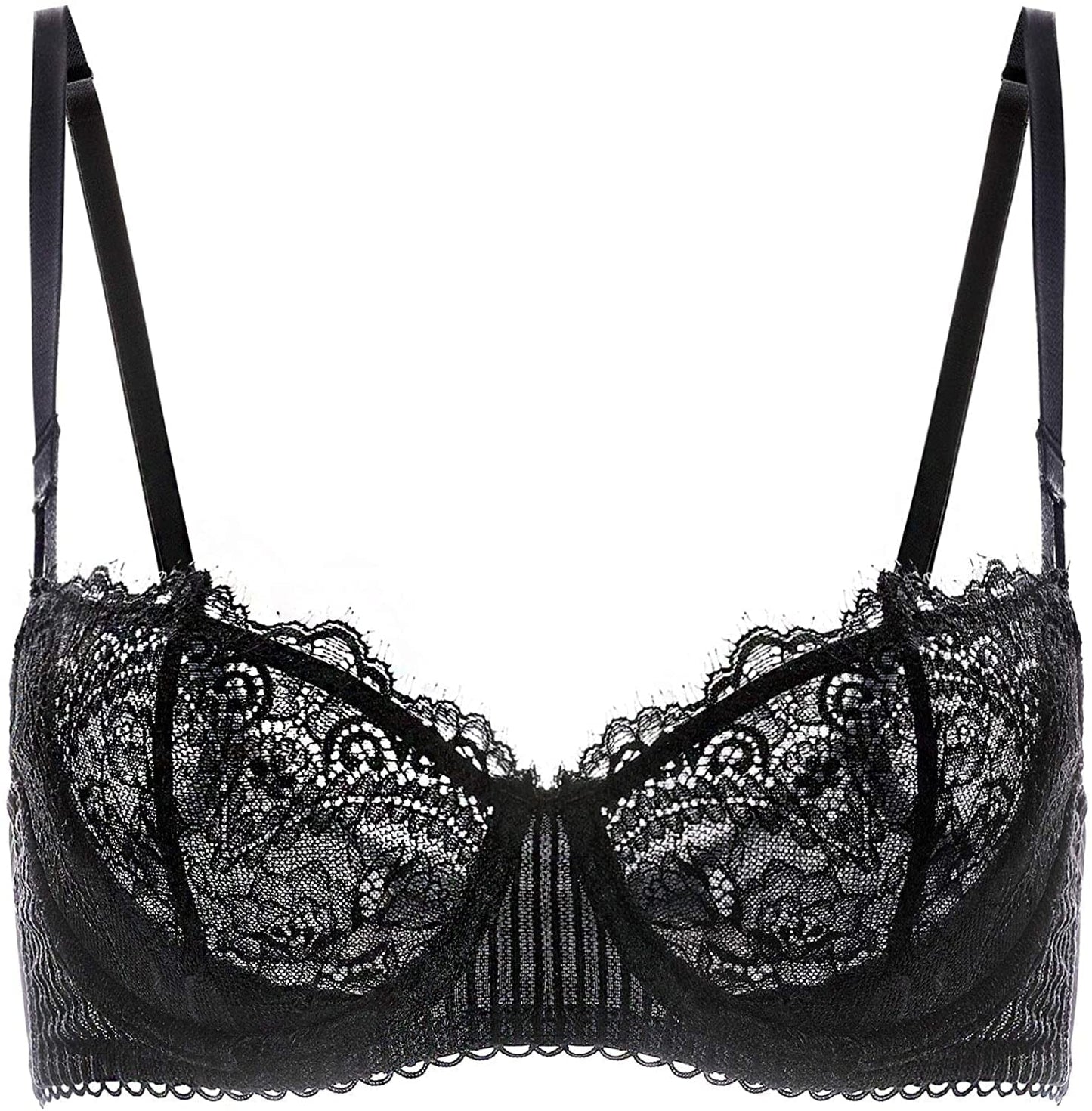 Women'S Sexy Lace Push up plus Size Bra Sheer Balconette Underwire Unlined Black_eyelash Lace / 34DD
