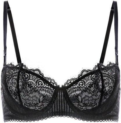 Women'S Sexy Lace Push up plus Size Bra Sheer Balconette Underwire Unlined Black_eyelash Lace / 34DD