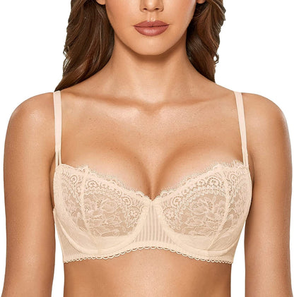 Women'S Sexy Lace Push up plus Size Bra Sheer Balconette Underwire Unlined Beige / 36E