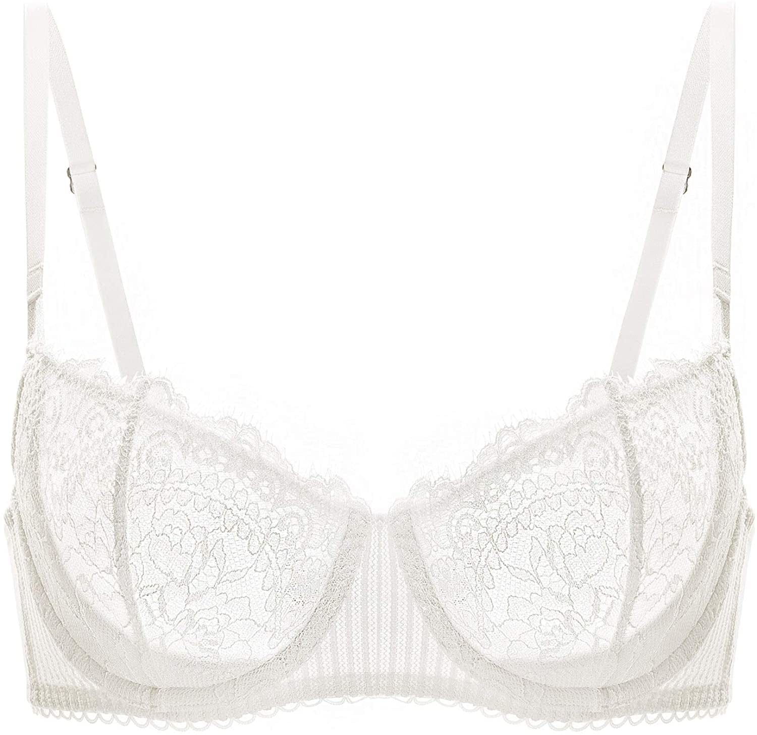 Women'S Sexy Lace Push up plus Size Bra Sheer Balconette Underwire Unlined Ivory_eyelash Lace / 36D