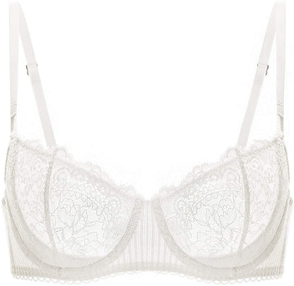 Women'S Sexy Lace Push up plus Size Bra Sheer Balconette Underwire Unlined Ivory_eyelash Lace / 36D