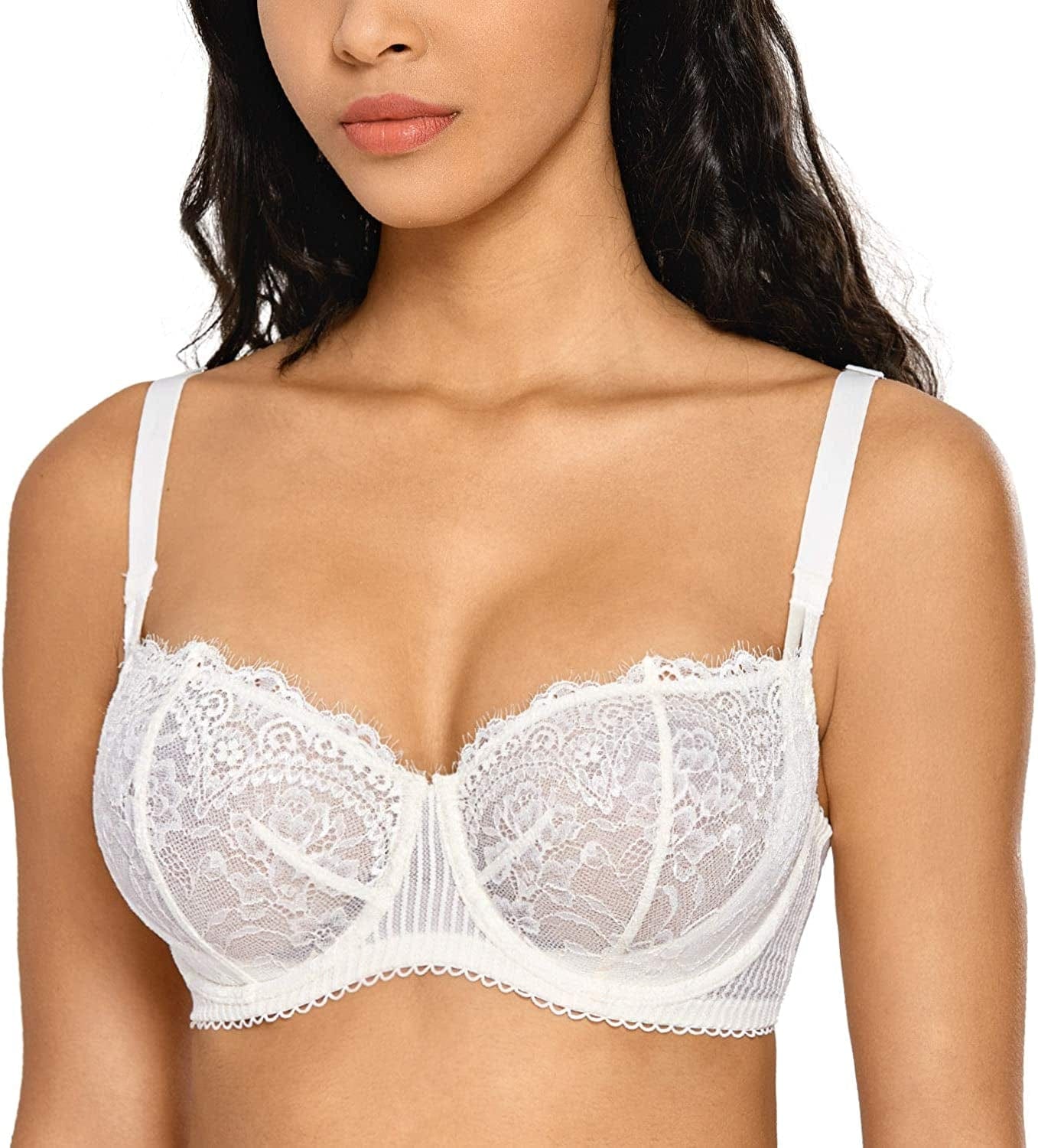 Women'S Sexy Lace Push up plus Size Bra Sheer Balconette Underwire Unlined