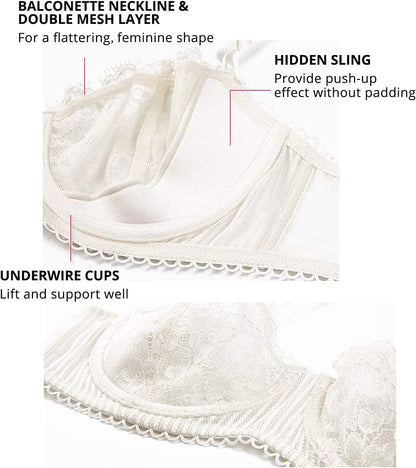 Women'S Sexy Lace Push up plus Size Bra Sheer Balconette Underwire Unlined