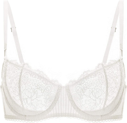 Women'S Sexy Lace Push up plus Size Bra Sheer Balconette Underwire Unlined Ivory_eyelash Lace / 34D