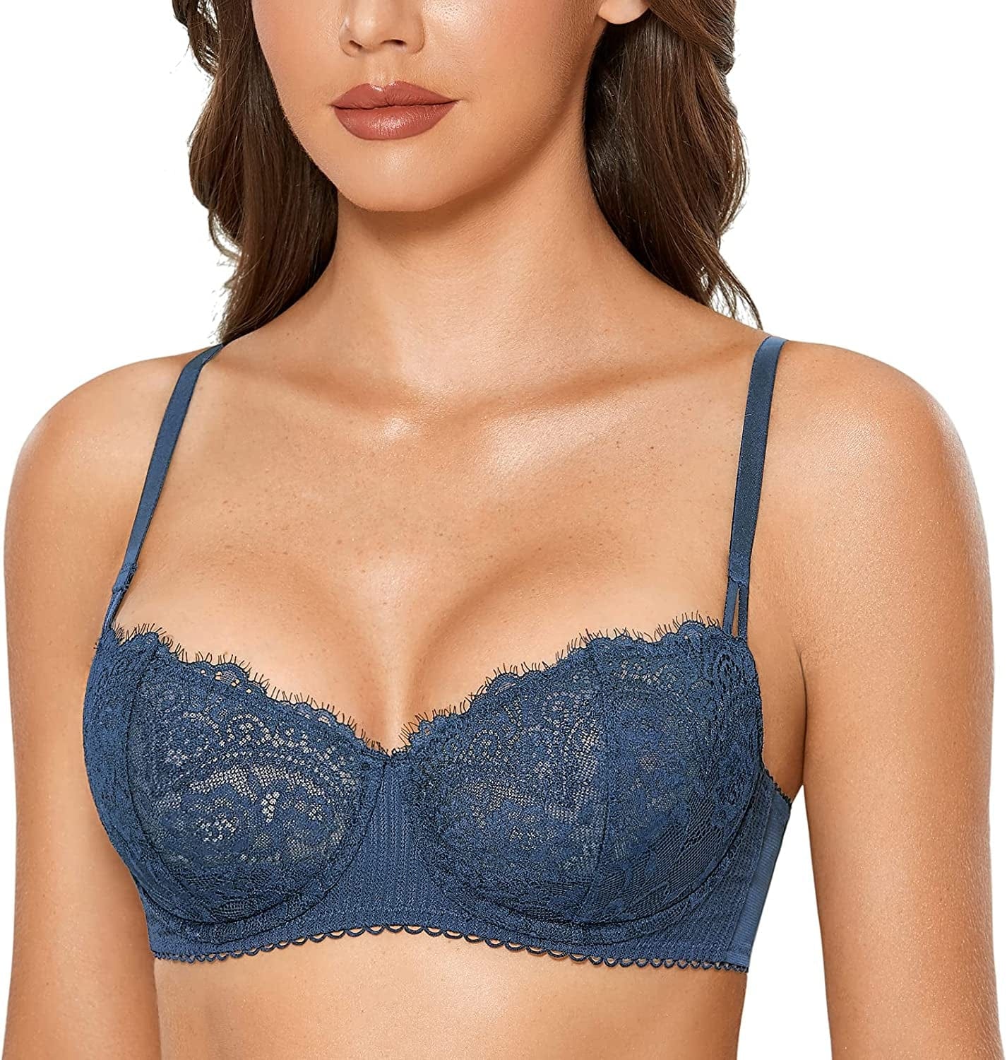 Women'S Sexy Lace Push up plus Size Bra Sheer Balconette Underwire Unlined